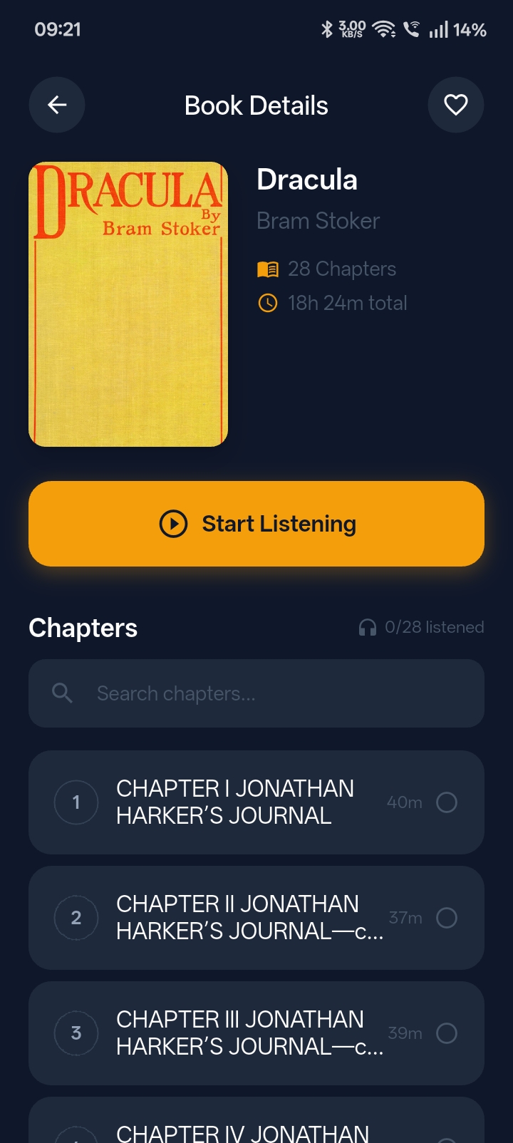 Book details screen showing chapter list