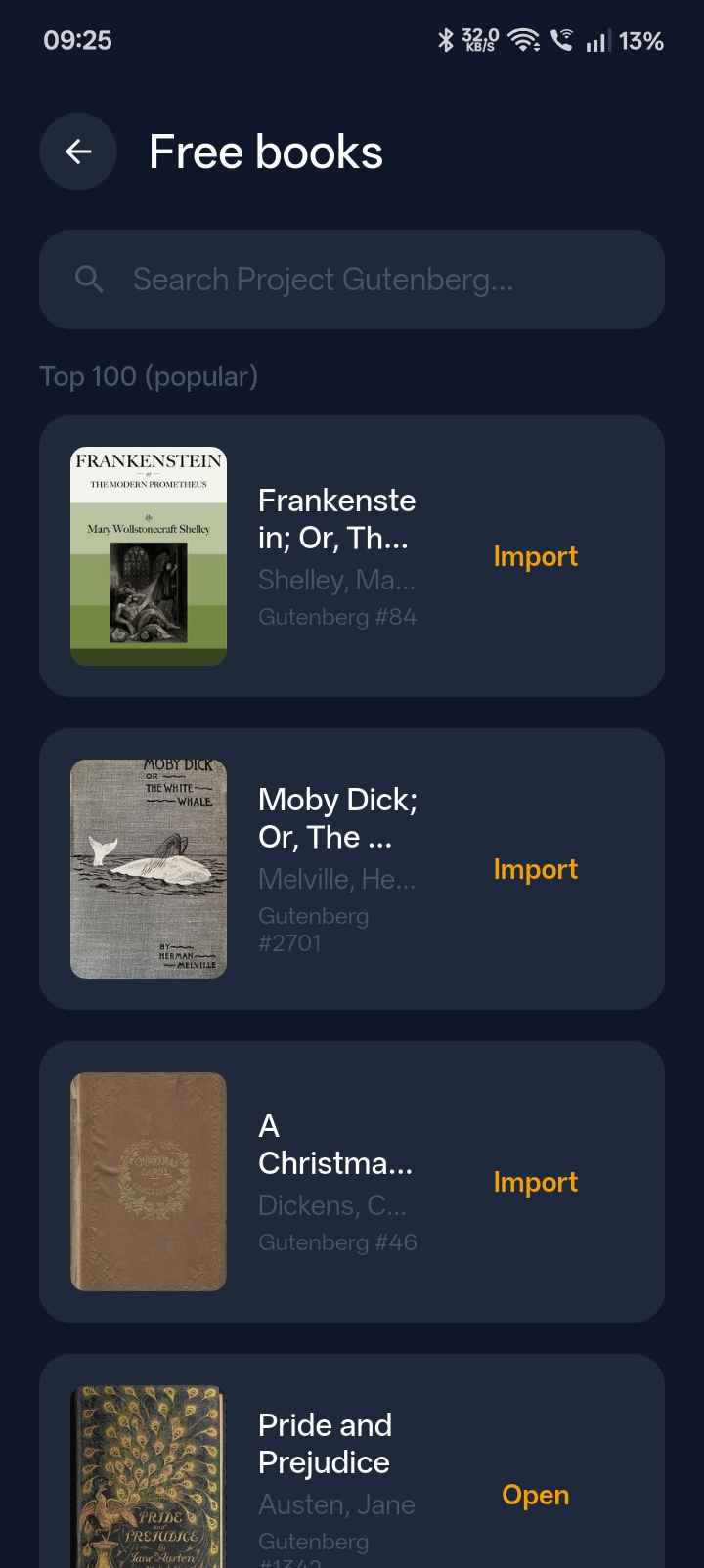 Free books screen showing Project Gutenberg catalog
